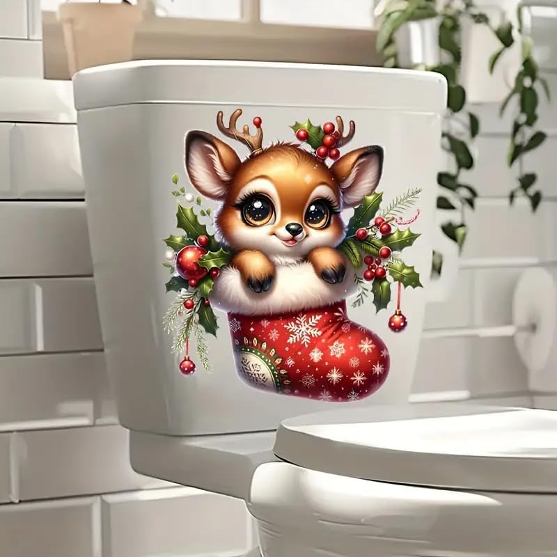 DIDOSOFT Christmas Deer Sock Toilet Cover Sticker Decals,Fish Bird Flower Leaf Waterproof Toilet Lid Tank Seat Decals Cistern Self-Adhesive Bathroom Wall Sticker - Image 3